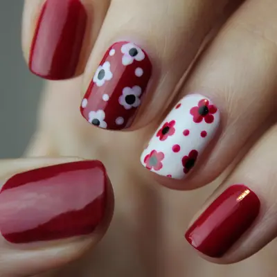 Deep red manicure with floral nail art