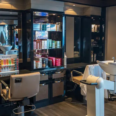 Salon interior with product shelves