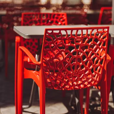 Red cafe chairs and tables