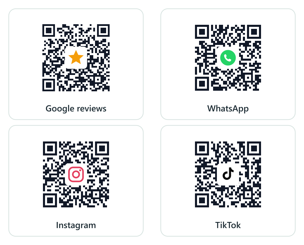 Four printable QR code cards: Google reviews, WhatsApp, Instagram and TikTok.